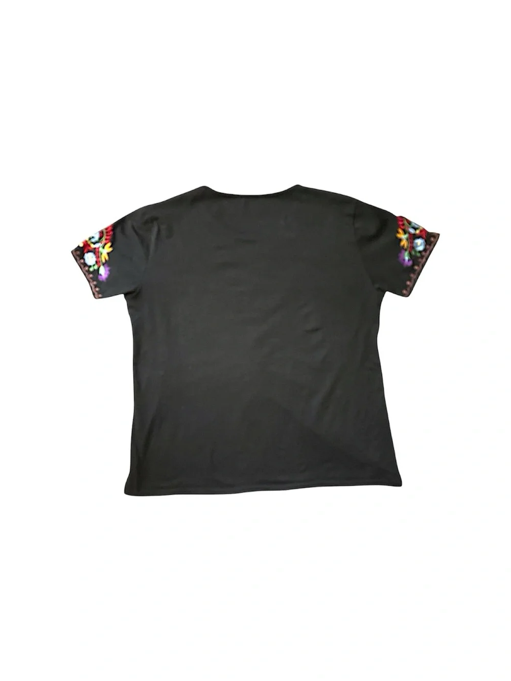 Mexican Embroidered Peasant Blouse Black Floral LG